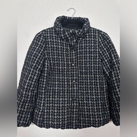 Ann Taylor Navy Silver and White Houndstooth Puffer Jacket Large Petite - Picture 3 of 9